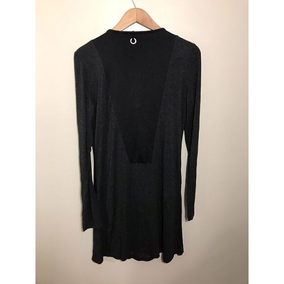 Yest Long Sleeve Zip Accent Dress 8 Mixed Media Contrast A-Line Goth Gray Black - Picture 3 of 6